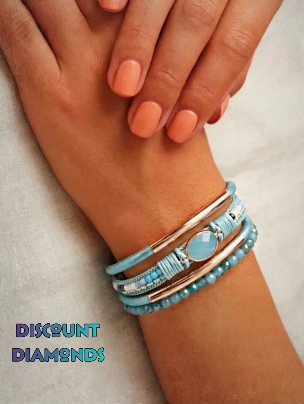 Vintage Boho Light Blue & Gold Leather Bracelet